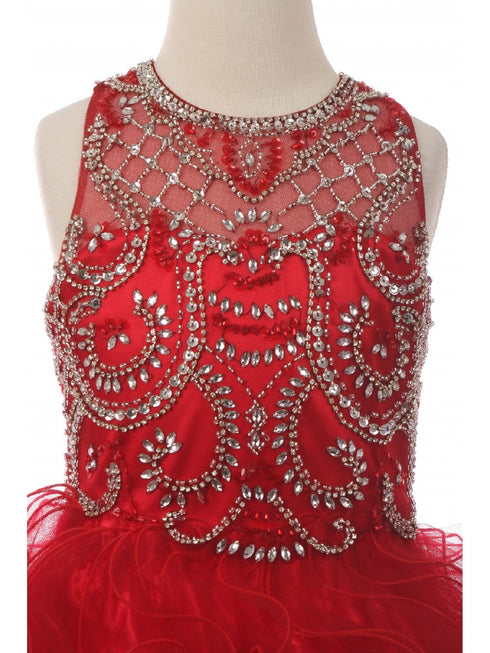 Little Girls Burgundy Ruffles Rhinestone Illusion Neck Pageant Dress 2-6 - SophiasStyle.com